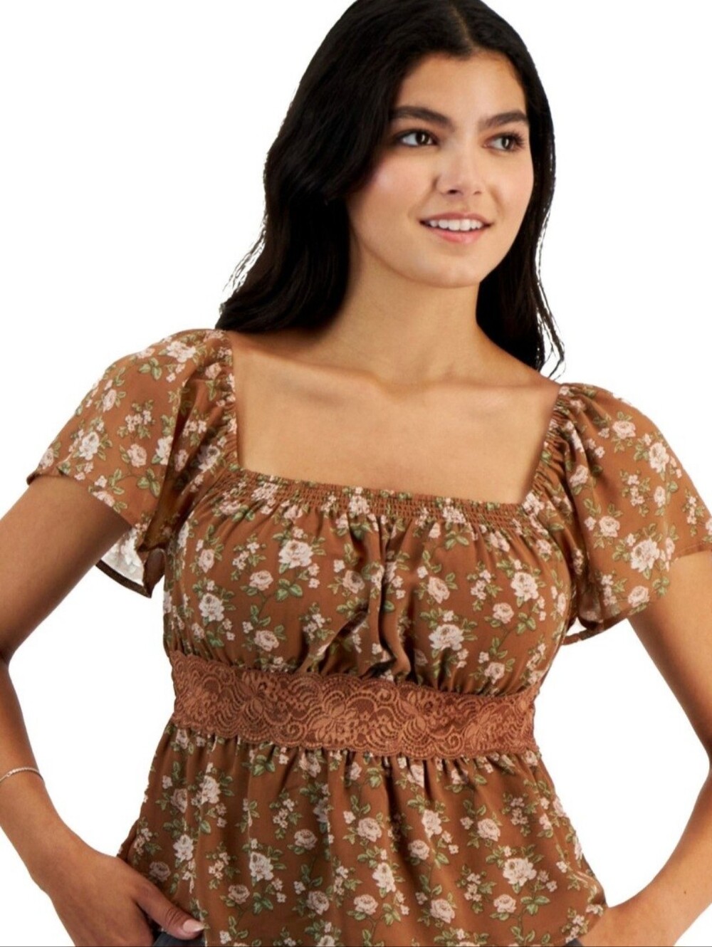 Celebrity Pink Brown Floral Lace-Trim Peasant Top Size: Medium